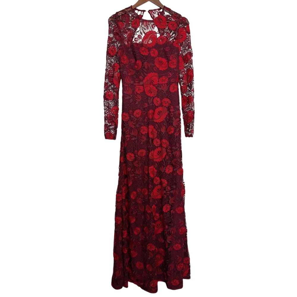 Monique Lhuillier Floral Lace Evening Gown Red Long Sleeve Maxi Size 4